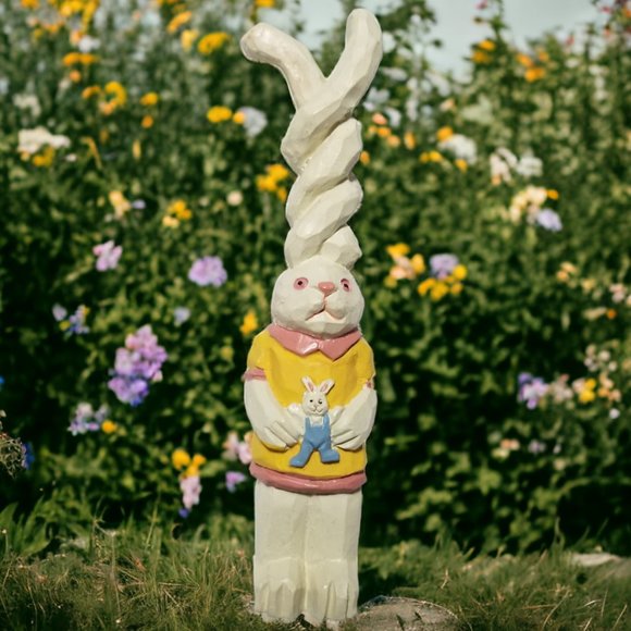 Twisted Ears Anthropomorphic Easter Bunny Faux Wood Resin Kitschy Spring Décor - Picture 8 of 9